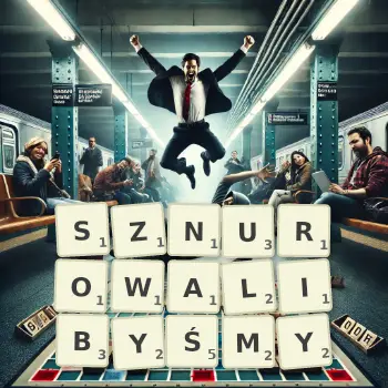 Kreatywna ilustracja do gry w Scrabble ze słowem SZNUROWALIBYŚMY ułożonym z płytek na planszy.