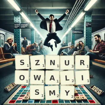 Kreatywna ilustracja do gry w Scrabble ze słowem SZNUROWALISMY ułożonym z płytek na planszy.