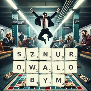 Kreatywna ilustracja do gry w Scrabble ze słowem SZNUROWALOBYM ułożonym z płytek na planszy.