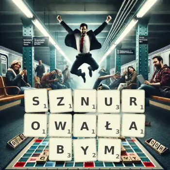 Kreatywna ilustracja do gry w Scrabble ze słowem SZNUROWAŁABYM ułożonym z płytek na planszy.