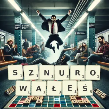 Kreatywna ilustracja do gry w Scrabble ze słowem SZNUROWAŁEŚ ułożonym z płytek na planszy.