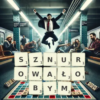 Kreatywna ilustracja do gry w Scrabble ze słowem SZNUROWAŁOBYM ułożonym z płytek na planszy.