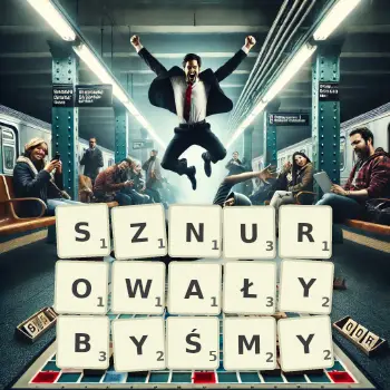 Kreatywna ilustracja do gry w Scrabble ze słowem SZNUROWAŁYBYŚMY ułożonym z płytek na planszy.