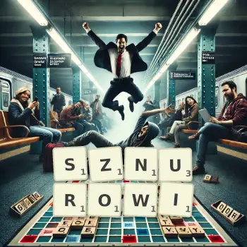 Kreatywna ilustracja do gry w Scrabble ze słowem SZNUROWI ułożonym z płytek na planszy.