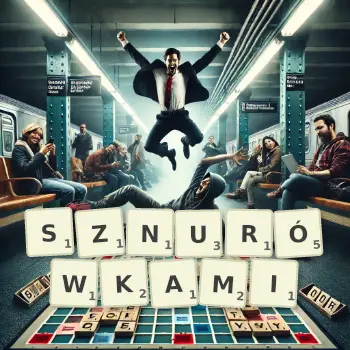 Kreatywna ilustracja do gry w Scrabble ze słowem SZNURÓWKAMI ułożonym z płytek na planszy.