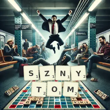 Kreatywna ilustracja do gry w Scrabble ze słowem SZNYTOM ułożonym z płytek na planszy.