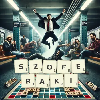 Kreatywna ilustracja do gry w Scrabble ze słowem SZOFERAKI ułożonym z płytek na planszy.