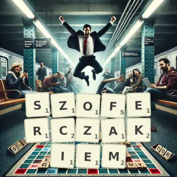 Kreatywna ilustracja do gry w Scrabble ze słowem SZOFERCZAKIEM ułożonym z płytek na planszy.