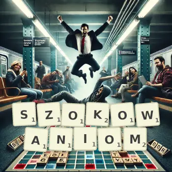 Kreatywna ilustracja do gry w Scrabble ze słowem SZOKOWANIOM ułożonym z płytek na planszy.