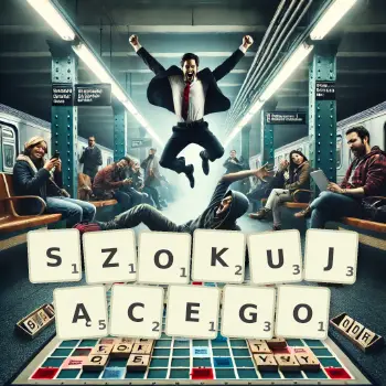 Kreatywna ilustracja do gry w Scrabble ze słowem SZOKUJĄCEGO ułożonym z płytek na planszy.