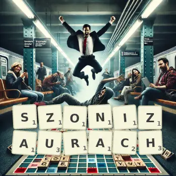 Kreatywna ilustracja do gry w Scrabble ze słowem SZONIZAURACH ułożonym z płytek na planszy.