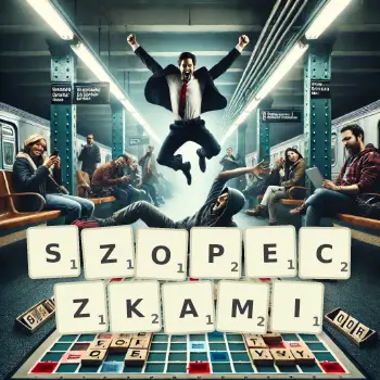 Kreatywna ilustracja do gry w Scrabble ze słowem SZOPECZKAMI ułożonym z płytek na planszy.