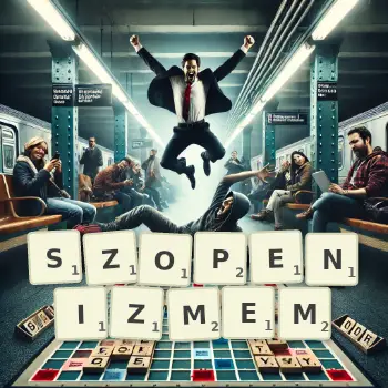 Kreatywna ilustracja do gry w Scrabble ze słowem SZOPENIZMEM ułożonym z płytek na planszy.