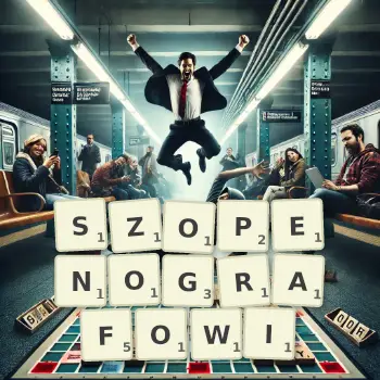 Kreatywna ilustracja do gry w Scrabble ze słowem SZOPENOGRAFOWI ułożonym z płytek na planszy.