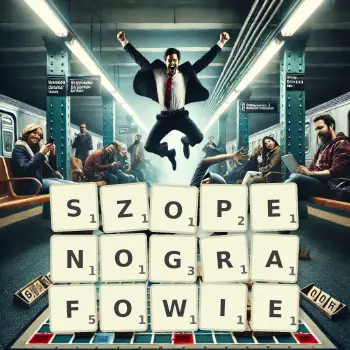 Kreatywna ilustracja do gry w Scrabble ze słowem SZOPENOGRAFOWIE ułożonym z płytek na planszy.