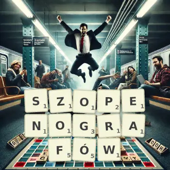 Kreatywna ilustracja do gry w Scrabble ze słowem SZOPENOGRAFÓW ułożonym z płytek na planszy.