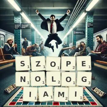 Kreatywna ilustracja do gry w Scrabble ze słowem SZOPENOLOGIAMI ułożonym z płytek na planszy.