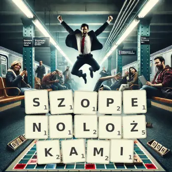 Kreatywna ilustracja do gry w Scrabble ze słowem SZOPENOLOŻKAMI ułożonym z płytek na planszy.