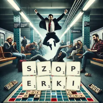 Kreatywna ilustracja do gry w Scrabble ze słowem SZOPERKI ułożonym z płytek na planszy.