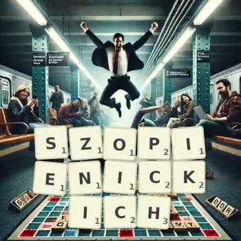 Kreatywna ilustracja do gry w Scrabble ze słowem SZOPIENICKICH ułożonym z płytek na planszy.