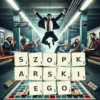 Kreatywna ilustracja do gry w Scrabble ze słowem SZOPKARSKIEGO ułożonym z płytek na planszy.