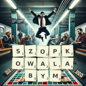 Kreatywna ilustracja do gry w Scrabble ze słowem SZOPKOWALABYM ułożonym z płytek na planszy.