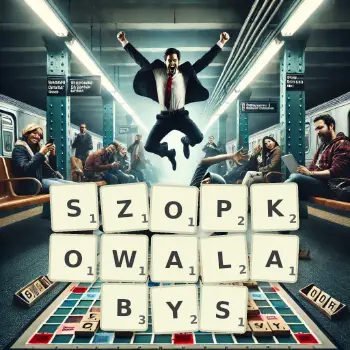 Kreatywna ilustracja do gry w Scrabble ze słowem SZOPKOWALABYS ułożonym z płytek na planszy.