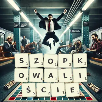 Kreatywna ilustracja do gry w Scrabble ze słowem SZOPKOWALIŚCIE ułożonym z płytek na planszy.