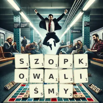 Kreatywna ilustracja do gry w Scrabble ze słowem SZOPKOWALIŚMY ułożonym z płytek na planszy.
