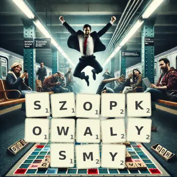 Kreatywna ilustracja do gry w Scrabble ze słowem SZOPKOWALYSMY ułożonym z płytek na planszy.