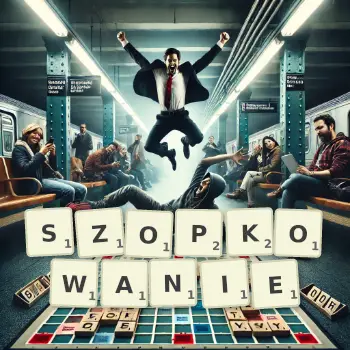 Kreatywna ilustracja do gry w Scrabble ze słowem SZOPKOWANIE ułożonym z płytek na planszy.