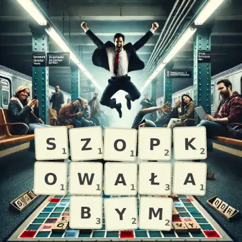 Kreatywna ilustracja do gry w Scrabble ze słowem SZOPKOWAŁABYM ułożonym z płytek na planszy.