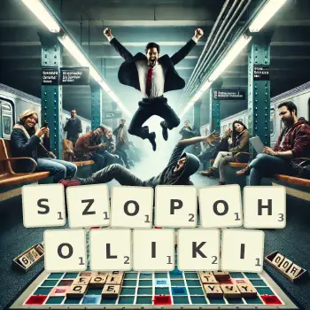 Kreatywna ilustracja do gry w Scrabble ze słowem SZOPOHOLIKI ułożonym z płytek na planszy.