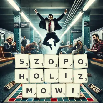Kreatywna ilustracja do gry w Scrabble ze słowem SZOPOHOLIZMOWI ułożonym z płytek na planszy.