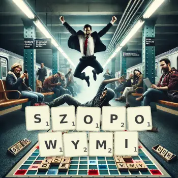 Kreatywna ilustracja do gry w Scrabble ze słowem SZOPOWYMI ułożonym z płytek na planszy.