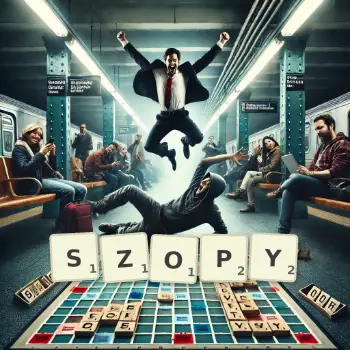 Kreatywna ilustracja do gry w Scrabble ze słowem SZOPY ułożonym z płytek na planszy.