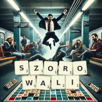 Kreatywna ilustracja do gry w Scrabble ze słowem SZOROWALI ułożonym z płytek na planszy.