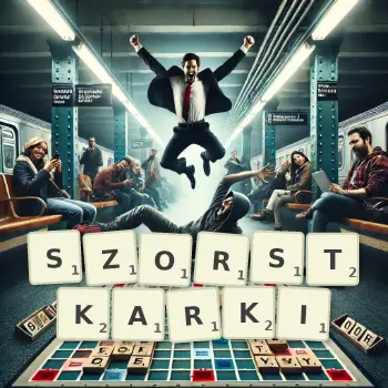 Kreatywna ilustracja do gry w Scrabble ze słowem SZORSTKARKI ułożonym z płytek na planszy.