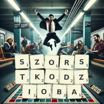 Kreatywna ilustracja do gry w Scrabble ze słowem SZORSTKODZIOBA ułożonym z płytek na planszy.