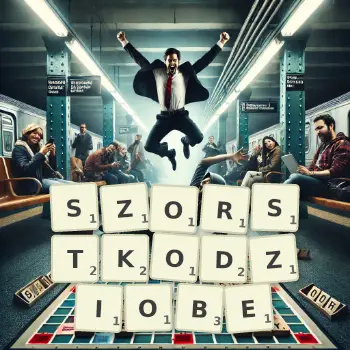 Kreatywna ilustracja do gry w Scrabble ze słowem SZORSTKODZIOBE ułożonym z płytek na planszy.