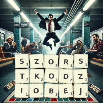Kreatywna ilustracja do gry w Scrabble ze słowem SZORSTKODZIOBEJ ułożonym z płytek na planszy.
