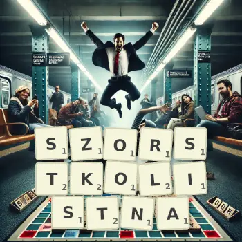 Kreatywna ilustracja do gry w Scrabble ze słowem SZORSTKOLISTNA ułożonym z płytek na planszy.