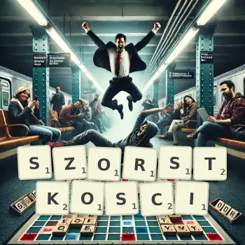 Kreatywna ilustracja do gry w Scrabble ze słowem SZORSTKOSCI ułożonym z płytek na planszy.