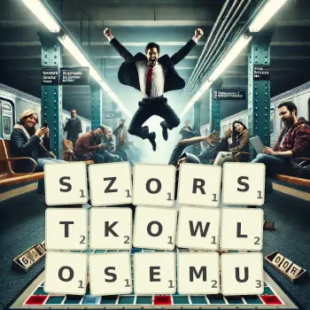 Kreatywna ilustracja do gry w Scrabble ze słowem SZORSTKOWLOSEMU ułożonym z płytek na planszy.