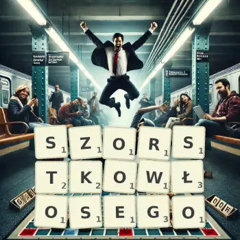 Kreatywna ilustracja do gry w Scrabble ze słowem SZORSTKOWŁOSEGO ułożonym z płytek na planszy.