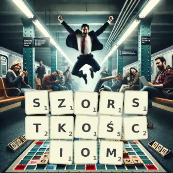 Kreatywna ilustracja do gry w Scrabble ze słowem SZORSTKOŚCIOM ułożonym z płytek na planszy.