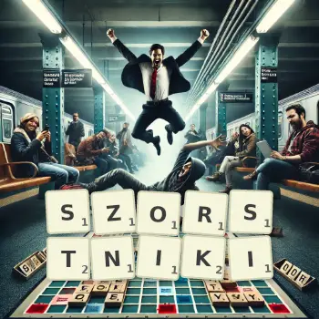 Kreatywna ilustracja do gry w Scrabble ze słowem SZORSTNIKI ułożonym z płytek na planszy.