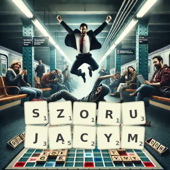 Kreatywna ilustracja do gry w Scrabble ze słowem SZORUJĄCYM ułożonym z płytek na planszy.
