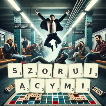 Kreatywna ilustracja do gry w Scrabble ze słowem SZORUJĄCYMI ułożonym z płytek na planszy.