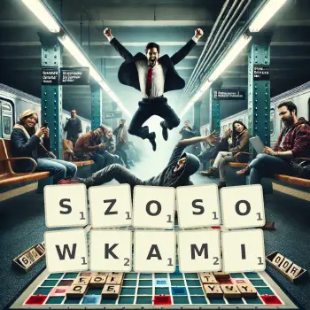 Kreatywna ilustracja do gry w Scrabble ze słowem SZOSOWKAMI ułożonym z płytek na planszy.